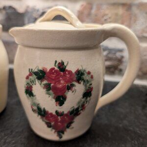 East Texas Pottery Set of 4 Items, Painted Floral, Bowl, Vase, Creamer, Sugar